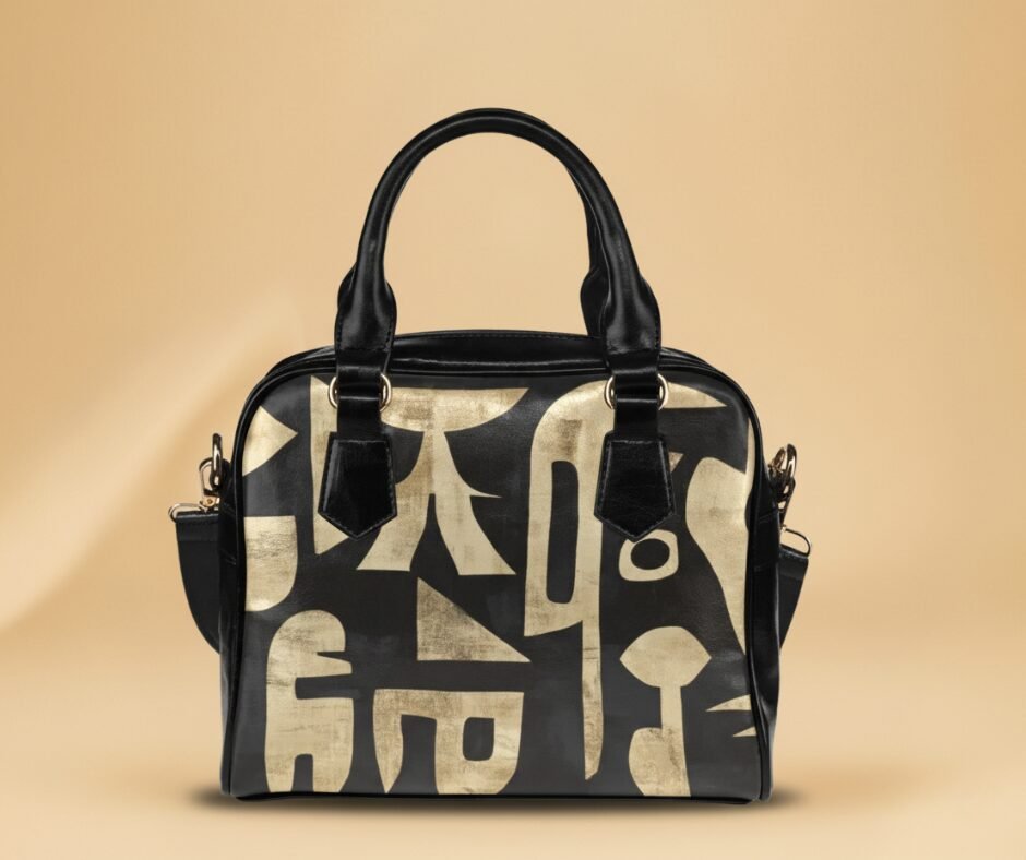 Sac à main noir Maïa Muto L'Amana Vision avec grandes formes abstraites dorées sculpturales.